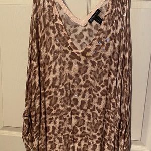 INC Double V cold shoulder leopard light sweater